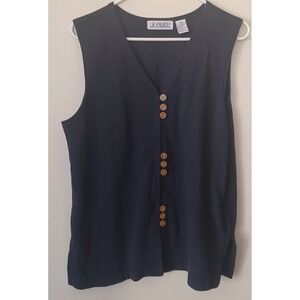 JL Plum Navy Blue Sleeveless V-Neck Knit Top Petite Large Coastal Grandma Retro